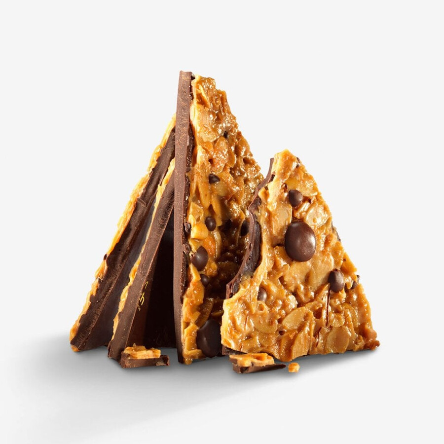frischschoggi florentine dark genießen sie ein süß-cremiges und knuspriges geschmackserlebnis mit mandel-florentiner und reichhaltiger zartbitterschokolade.