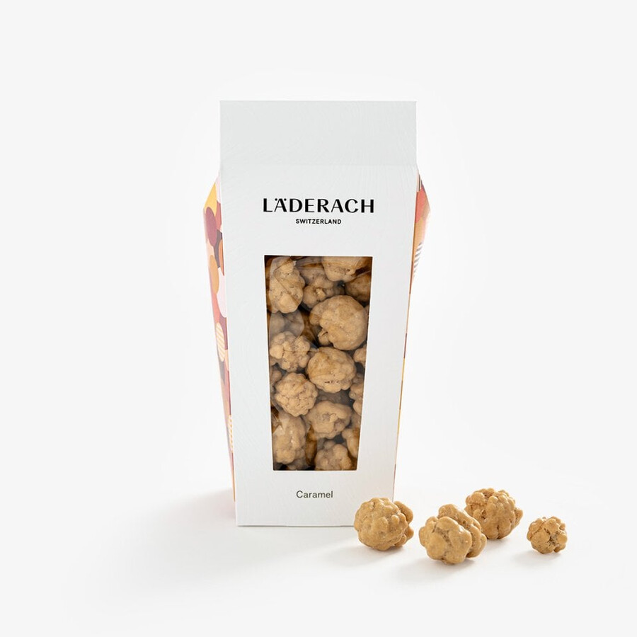 popcorn caramel 185g - köstlicher mit schweizer schokolade überzogener snack mit süßem karamell und einem hauch von goldenem knusper