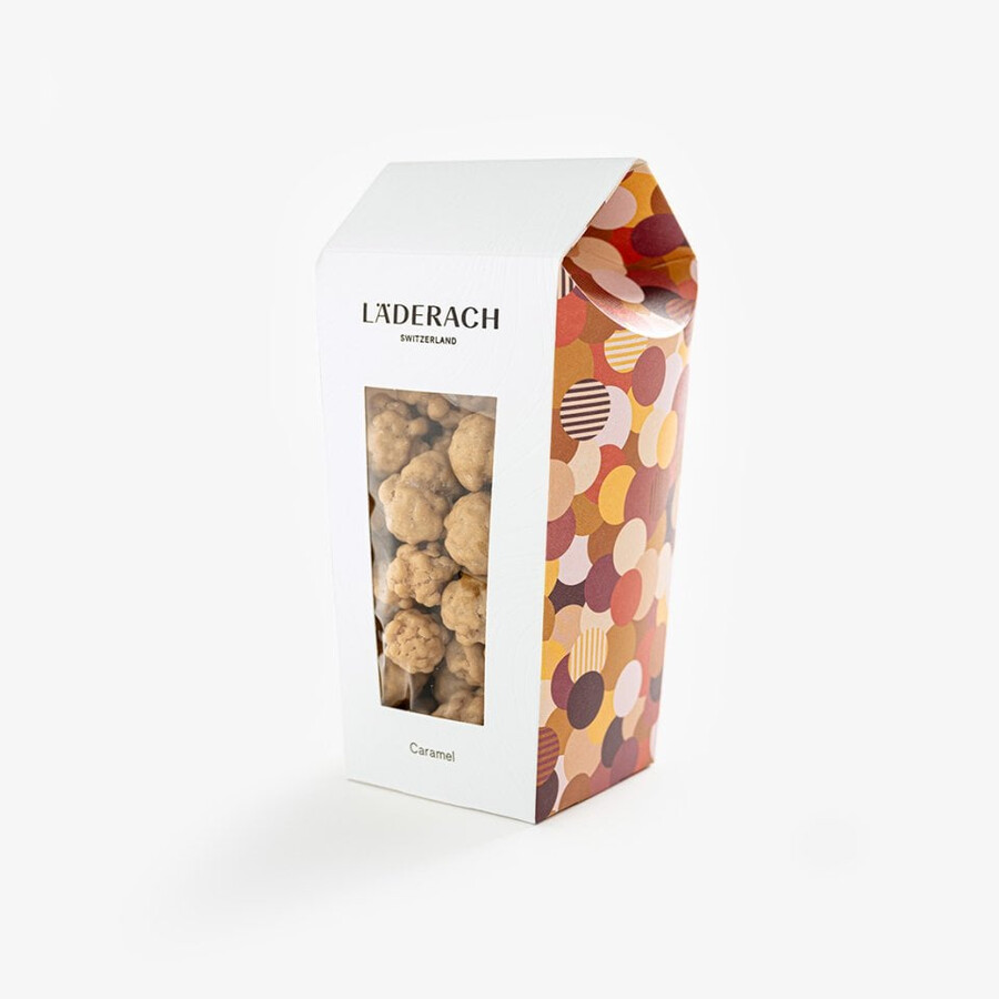 popcorn caramel 185g - köstlicher mit schweizer schokolade überzogener snack mit süßem karamell und einem hauch von goldenem knusper