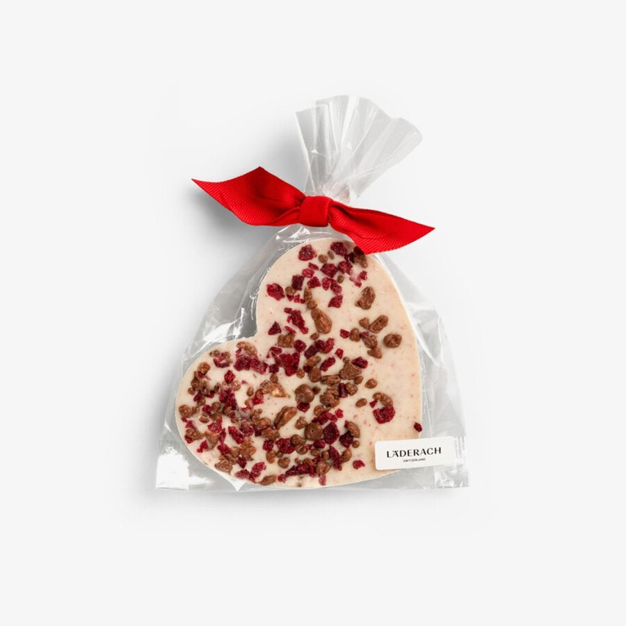 frischschoggi herz kirsch-himbeer weiß eine köstliche fusion aus dunkler und weißer schokolade mit knackigen kirsch- und himbeerstückchen.